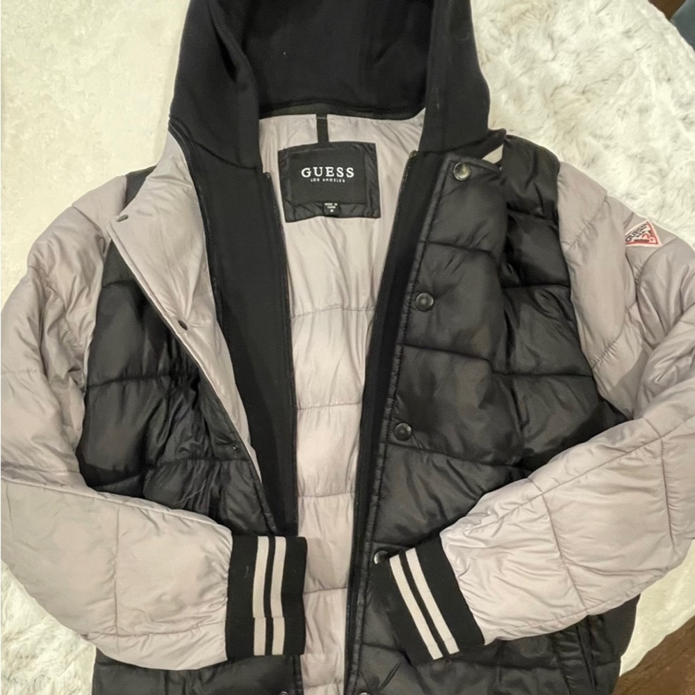 Mens Large Black Varsity Puffer Hooded Jacket